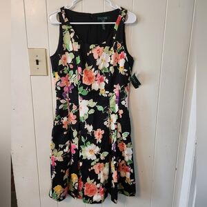 NWT LAUREN Ralph Lauren Black Floral Midi Dress Size 10